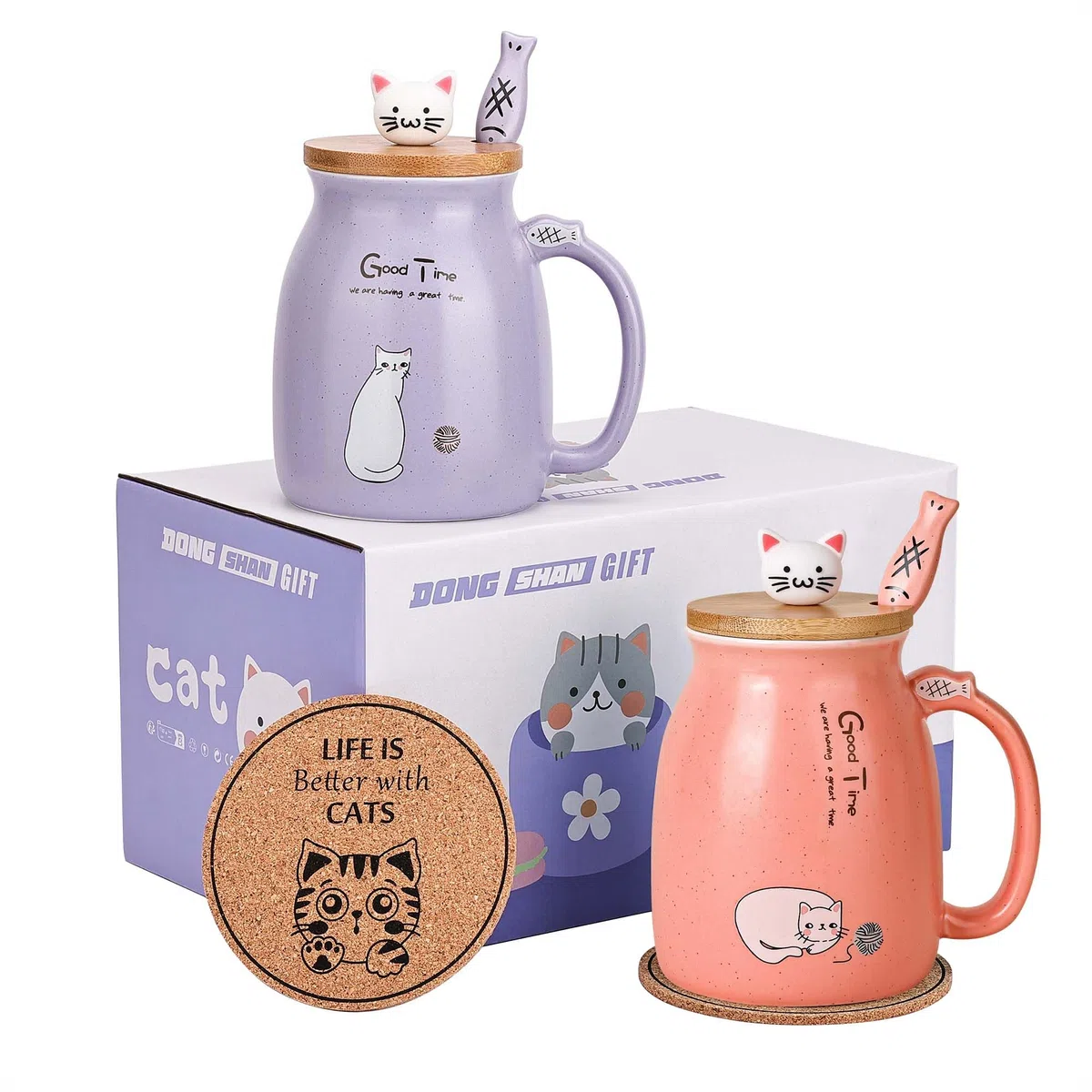 Tazze per gatti Set di 2 Tazza da tè gatto carino Tazza da caffè in ceramica con coperchio e cucchiaio Kawaii Tazze carine per le donne 500ml Natale Compleanno Tazza regalo per gatti (Viola e rosa)