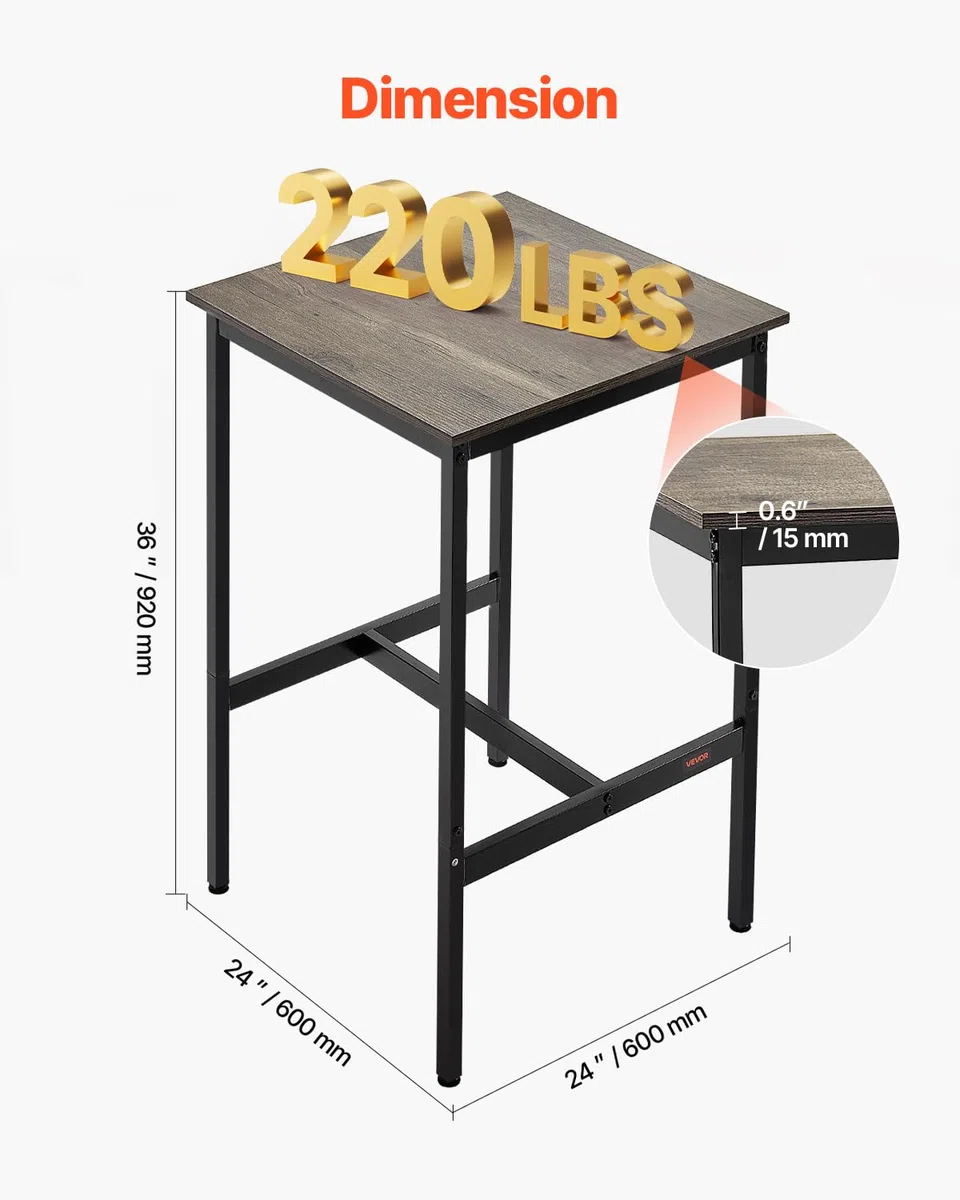 VEVOR Tavolo da Bar, Tavola da bistro, con Struttura in Metallo, Tavolo da Cucina Stretto e Lungo, Tavolo da pranzo, 610 x 610 x 914 mm, per Feste in Soggiorno Pranzo Caffè, Marrone e Nero