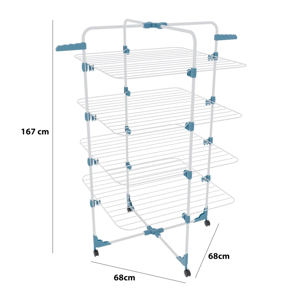 Bricozone Stendibiancheria Verticale con Rotelle Salvaspazio e Pieghevole in Acciaio con 4 Ripiani e 2 Supporti per Grucce per Stendere Biancheria Lenzuola e Abiti Misure 168,5x71x71cm (Bianco e Blu)