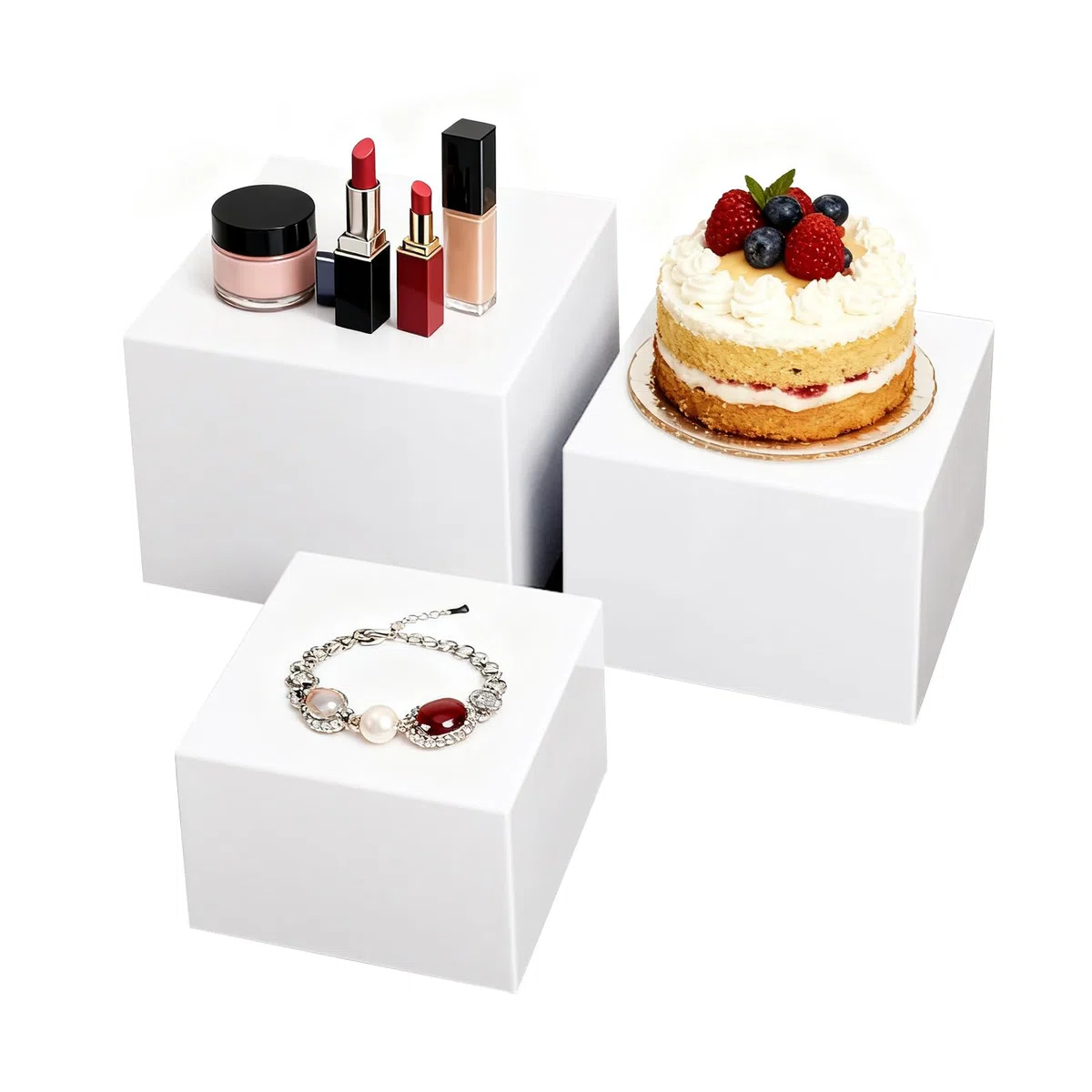 3 vetrine in acrilico bianco, rialzi alimentari per tavoli da buffet, rialzo davanzale, supporto per dessert a cubo con fondo cavo, per cupcake, statuette, gioielli, profumi, borse, cosmetici