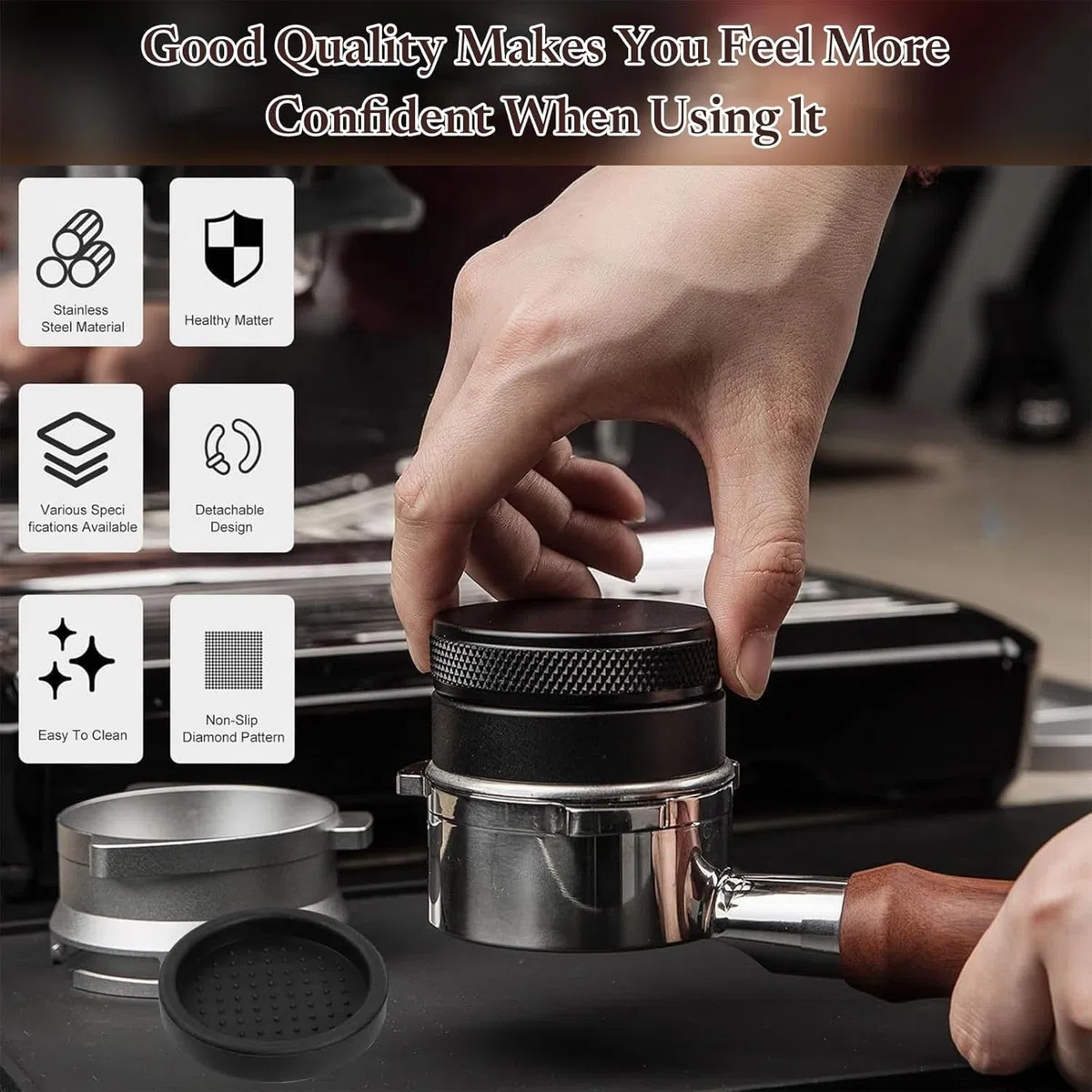 Set Tamper e Distributore Caffè 58mm Pressacaffè Calibrato con Livellatore, Acciaio Inox 304, con Base Silicone