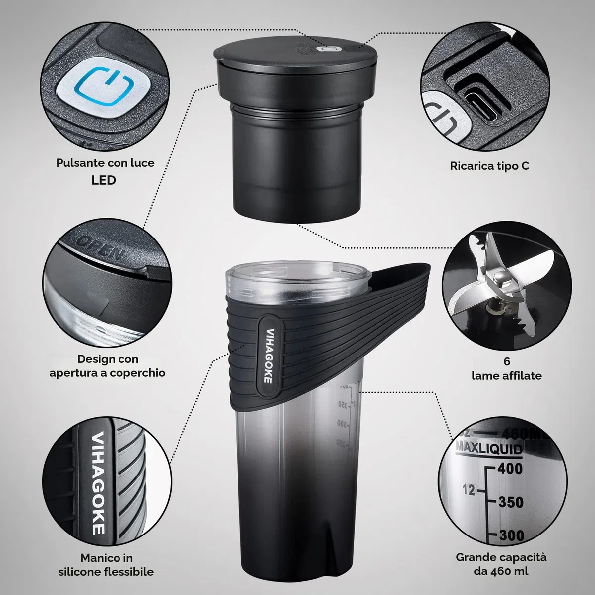 Mixer Smoothie Maker to Go, 460 ml, bottiglia Fresh Juice, 4000 mAh ricaricabile, 6 lame affilate, mini cannuccia in silicone, per viaggi e uso a casa, HD-07, nero