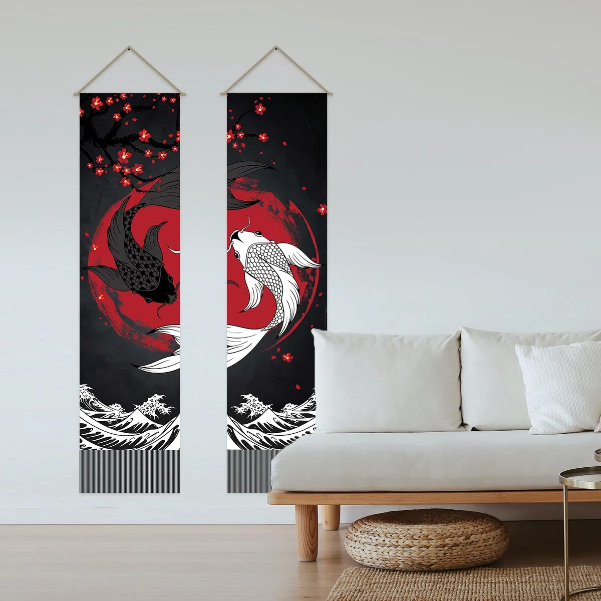 AHANDMAKER Confezione da 2 arazzi retrò Yin Yang Boemi verticali con nappa da appendere a parete, camera da letto, soggiorno, casa, 33 x 130 cm