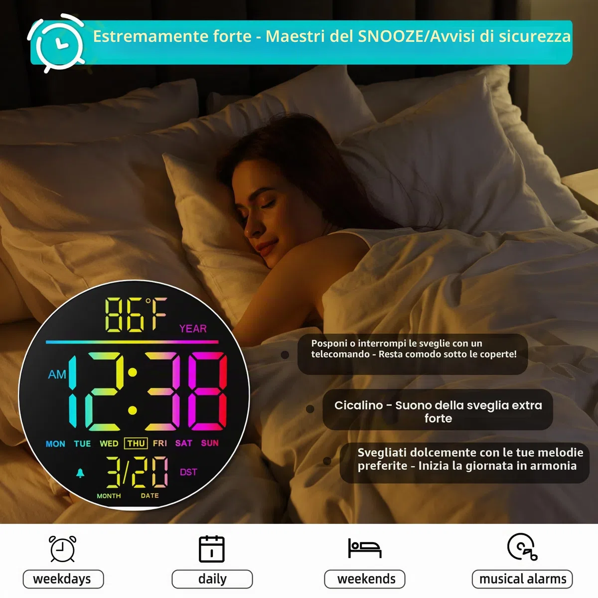 Maxstar Orologio Digitale da Parete 10" Grande con Telecomando, Display LED Moderno 8 RGB, Luminosità Auto, Termometro, Decorativo Sveglia - Ideale per Soggiorno, Camera da Letto, Cucina - Bianco