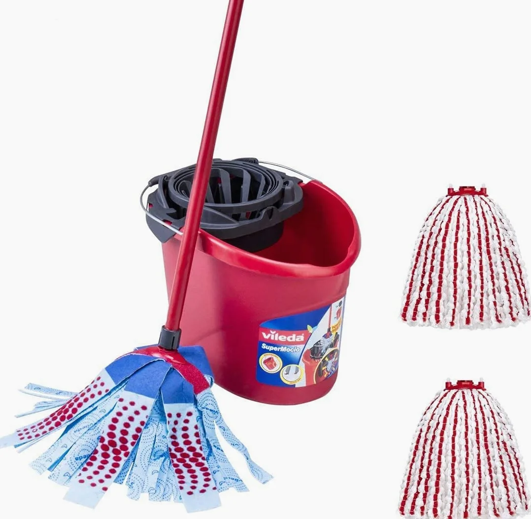 Vileda SuperMocio Box, Sistema Lavapavimenti, Set con Strizzatore, 2 Fiocchi Microfibra & Power, 1 Fiocco 3Action, Manico 3 Pezzi, ‎Rosso