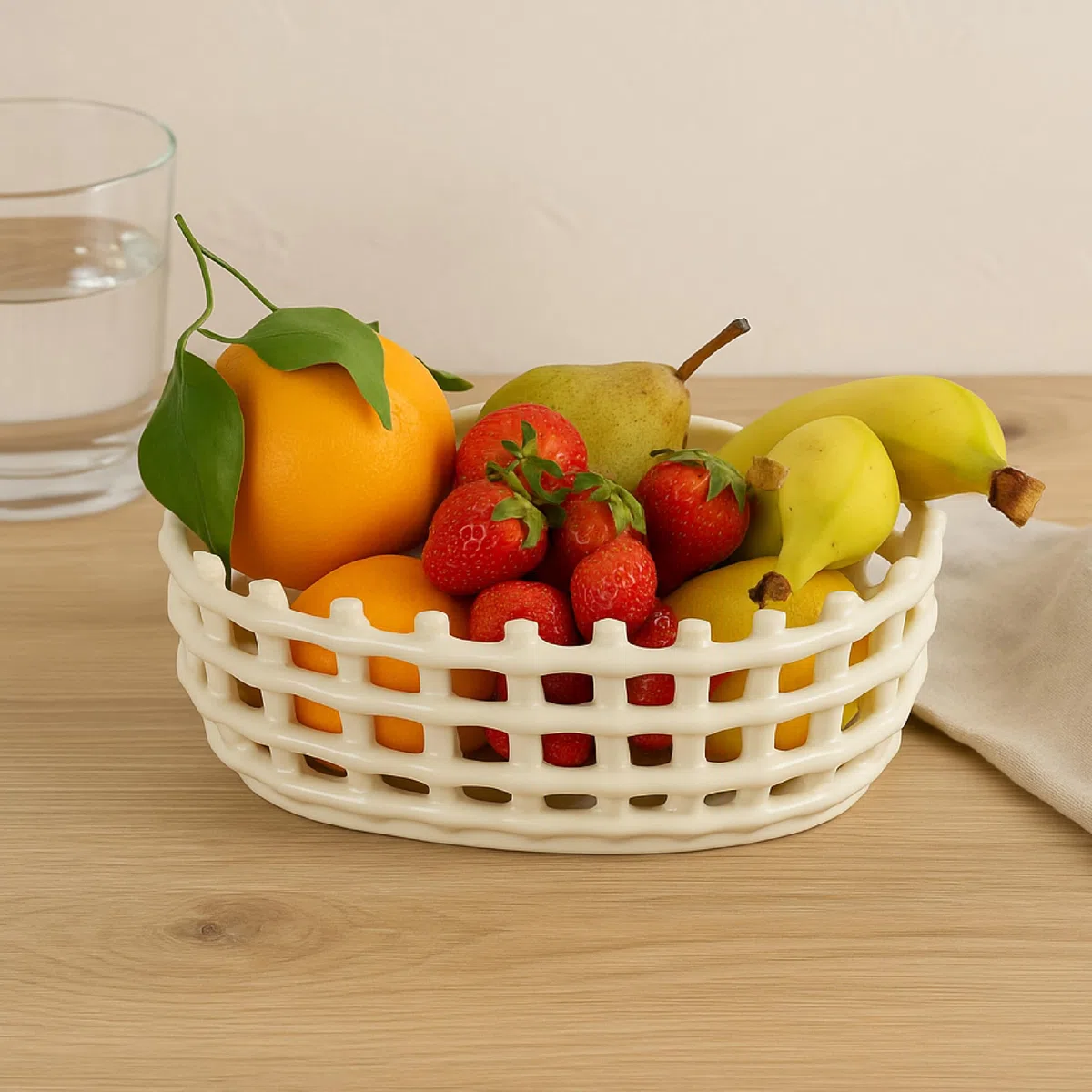 Baroni Home Cestino intrecciato multiuso in ceramica, Portafrutta, Centrotavola, Svuotatasche Tondo Bianco 21x21x9 cm