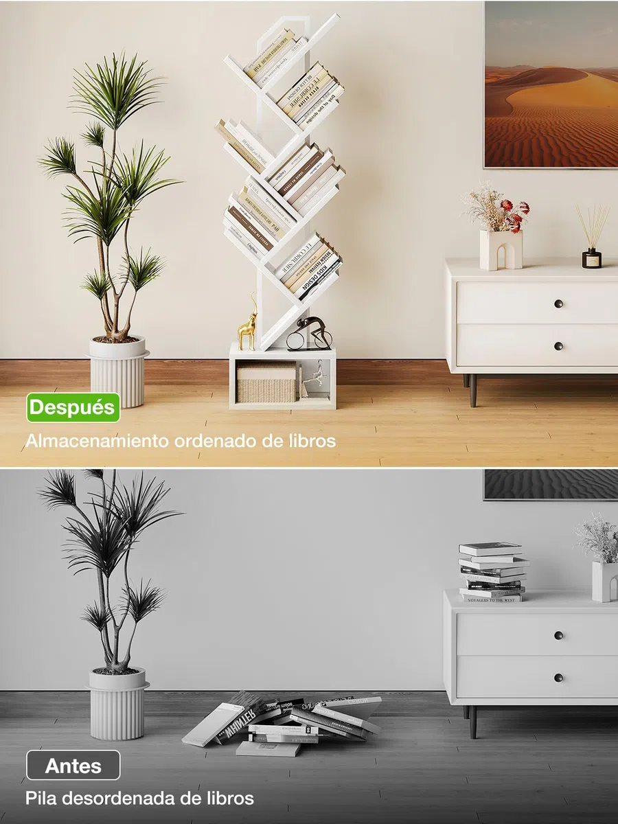 Coleshome Libreria ad Albero, Scaffale a 6 Ripiani con Divisori, Scaffale Legno Adatto per Soggiorni e Camere da Letto, Bianco
