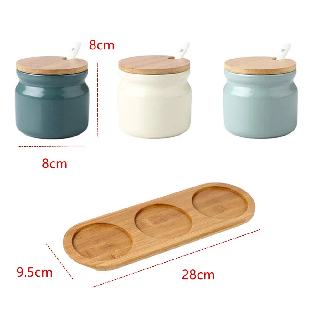 Set di 3 Zuccheriera in Ceramica, 300ml Contenitore per spezie barattoli spezie Rotonda con Coperchio e Cucchiaio, per Casa e Cucina