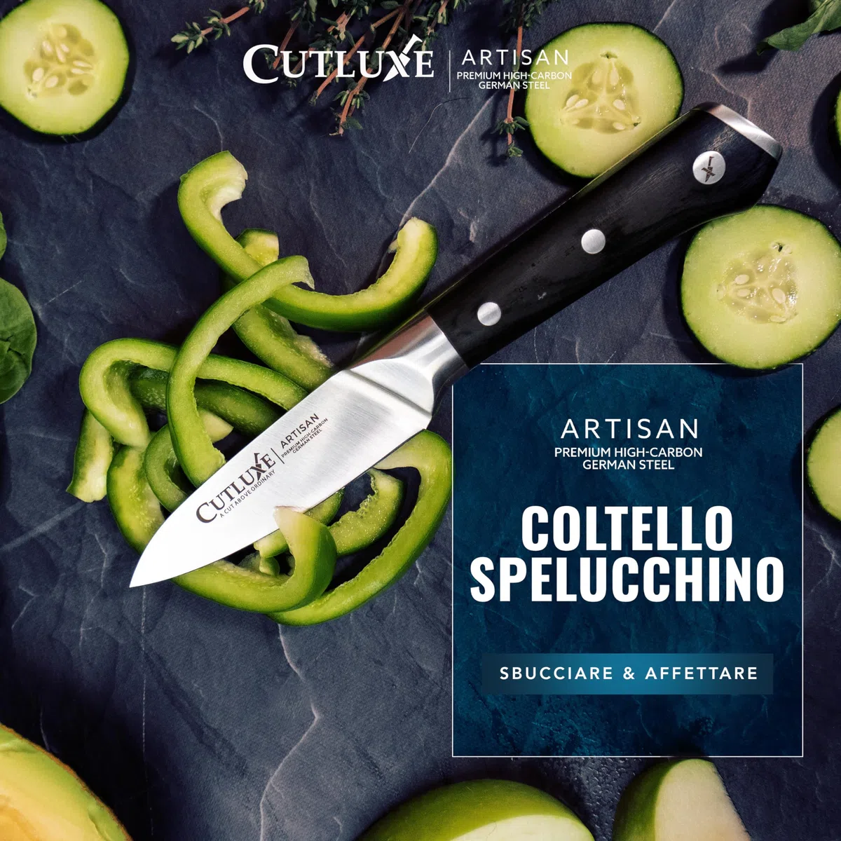 Cutluxe Coltello Spelucchino Professionale, 9cm, Coltello da Verdura per Sbucciare, Acciaio al Carbonio, Lama Affilata e Resistente, Artisan Series