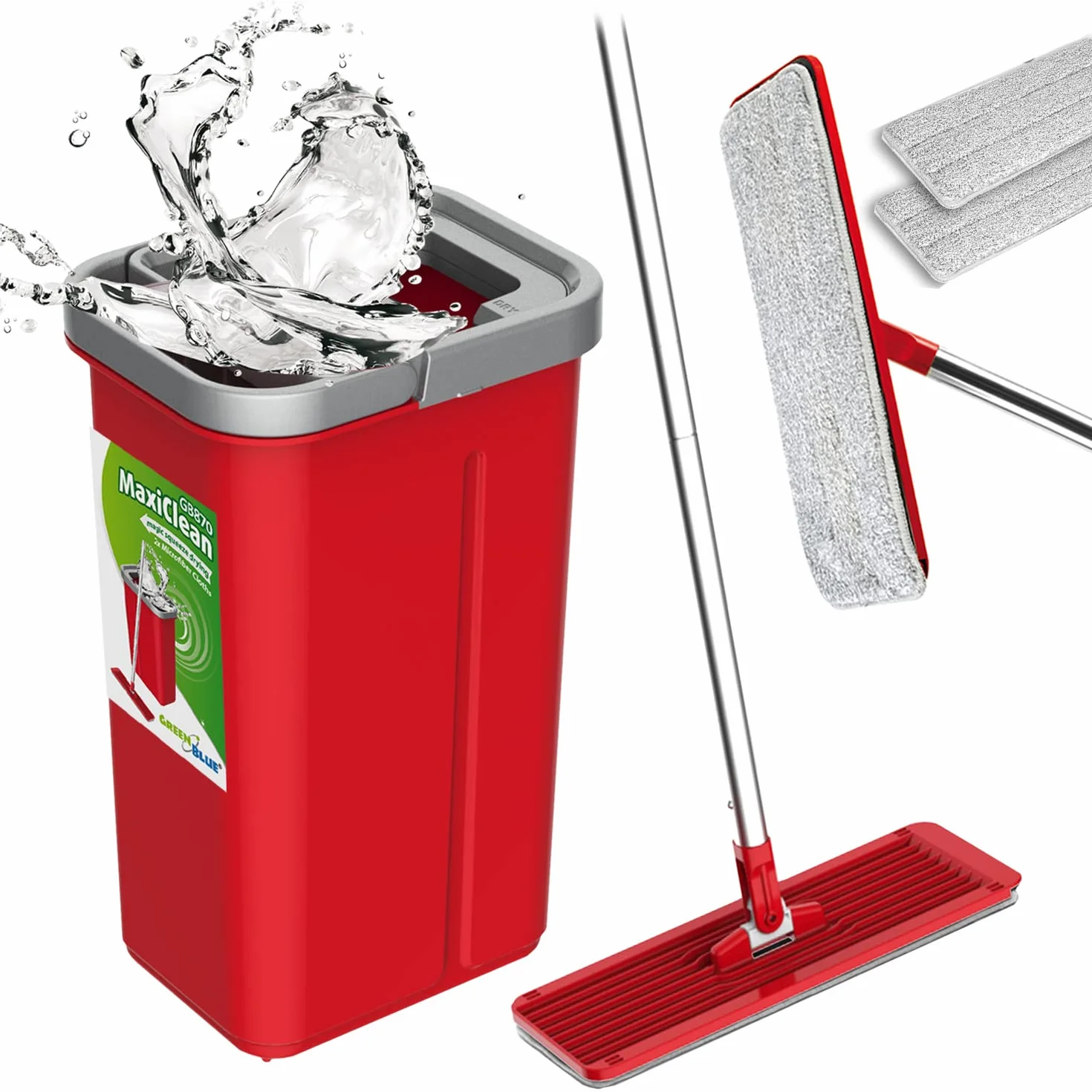 Green Blue Mop piatto Maxi Clean GB870 con secchi o e Strizzatore 2 in 1 da 5,7 l sistema di pulizia a 360° testa rotante (Set mocio piatto e secchio + 2 panni di ricambio)