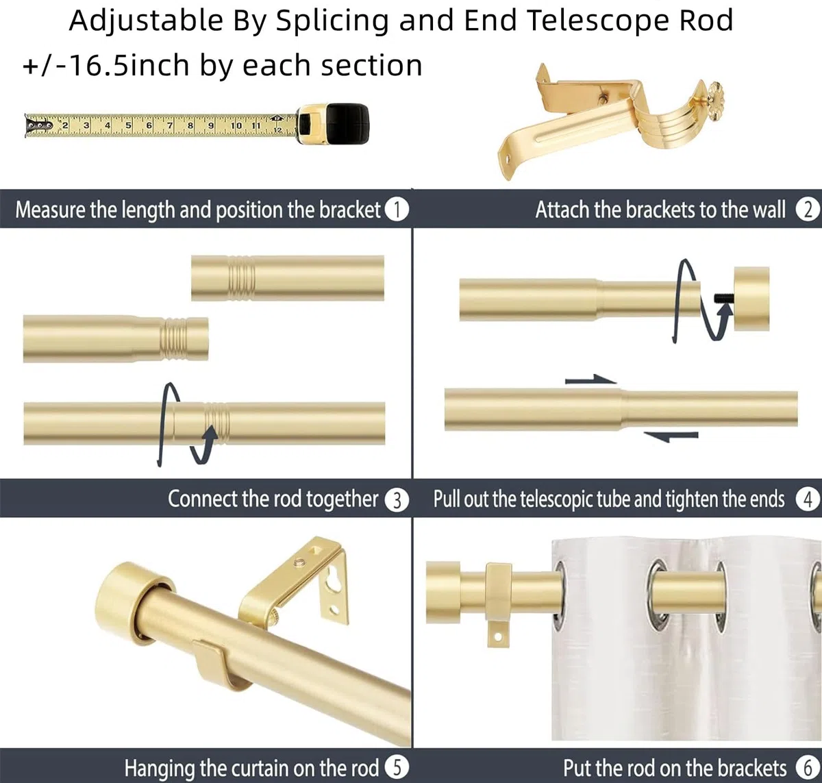 Bastoni per tende – Design in stile tappo terminale, aste per tende in metallo estensibili per tende per porte resistenti aste per tende da 2,5 cm di diametro (oro, 80 a 300 cm)