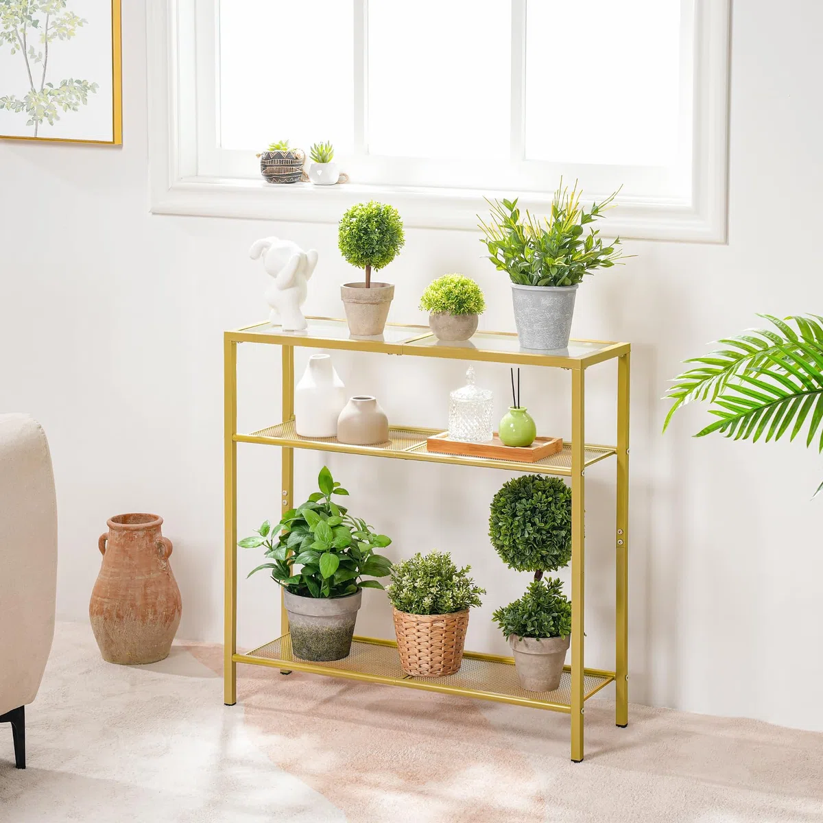 HOOBRO Tavolo Console a 3 Ripiani, 75 cm Ingresso Con Piano di Vetro Temperato, per Entrata, Soggiorno, Corridoio, Camera da Letto, Dorato EGD21XG01G1