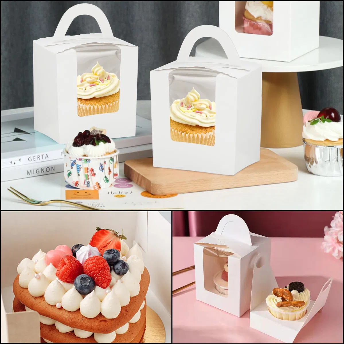 100 Pezzi Scatole per Cupcake Singoli, Scatole Cupcake Bianche Singole, Scatola Cupcake con Finestra e Maniglia per Torte di Cartone per Compleanno, Natale, Festival