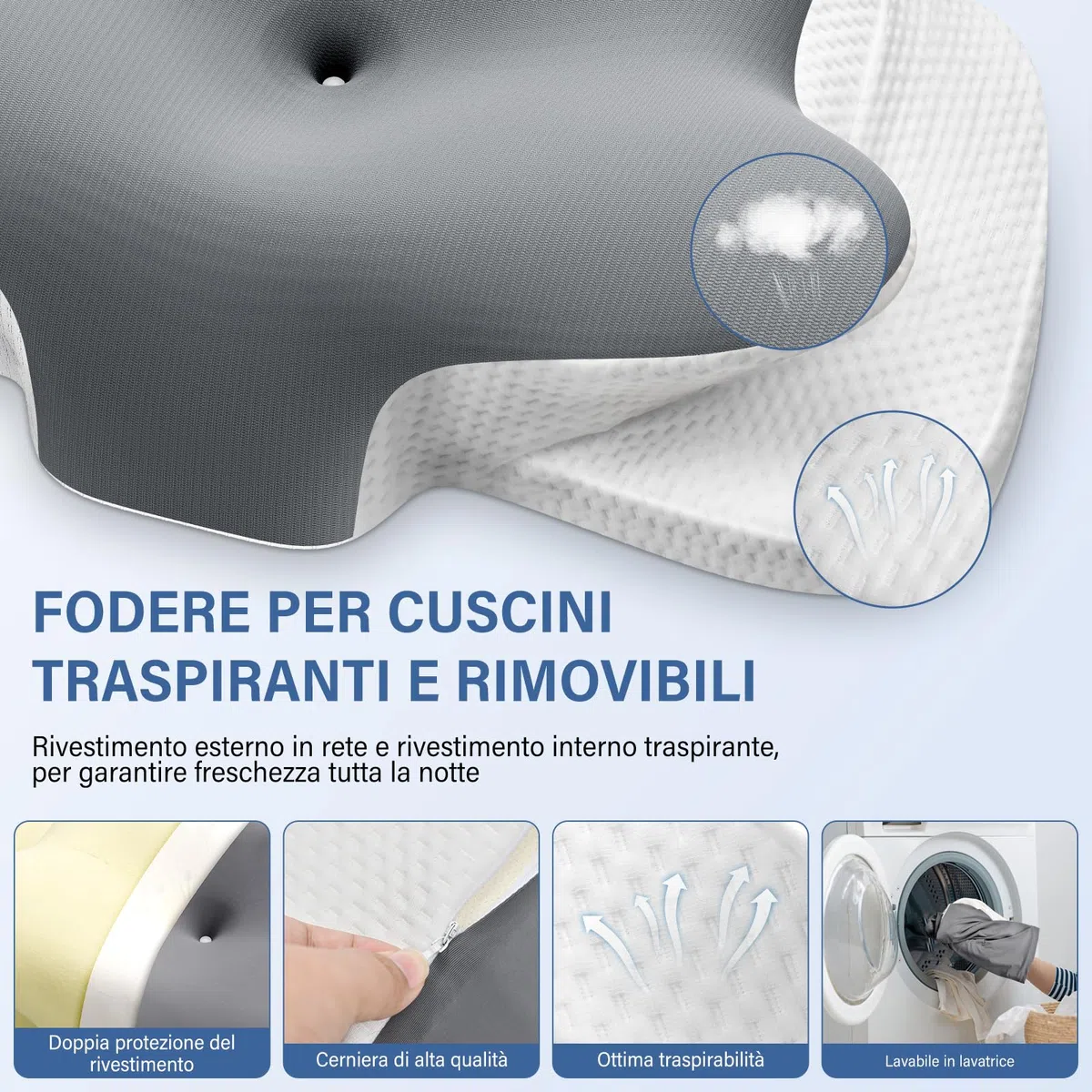 Ehomfory Cuscino Cervicale, 2 in 1 Ergonomico Cuscino in Memory Foam per Dormire, Cuscino per Supporto Cervicale con Federa Sfoderabile e Lavabile, Grigio