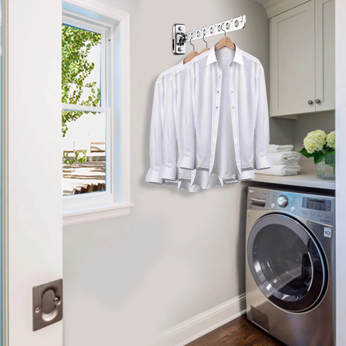 Laundry Hangers Wall Mount Clothes Hanger Rack Laundry Room Clothes Hanger Wall Mounted Clothes Rack Stainless Steel Clothes Hooks with Swing Arm Laundry Hanger Dryer Rack 2 Pack