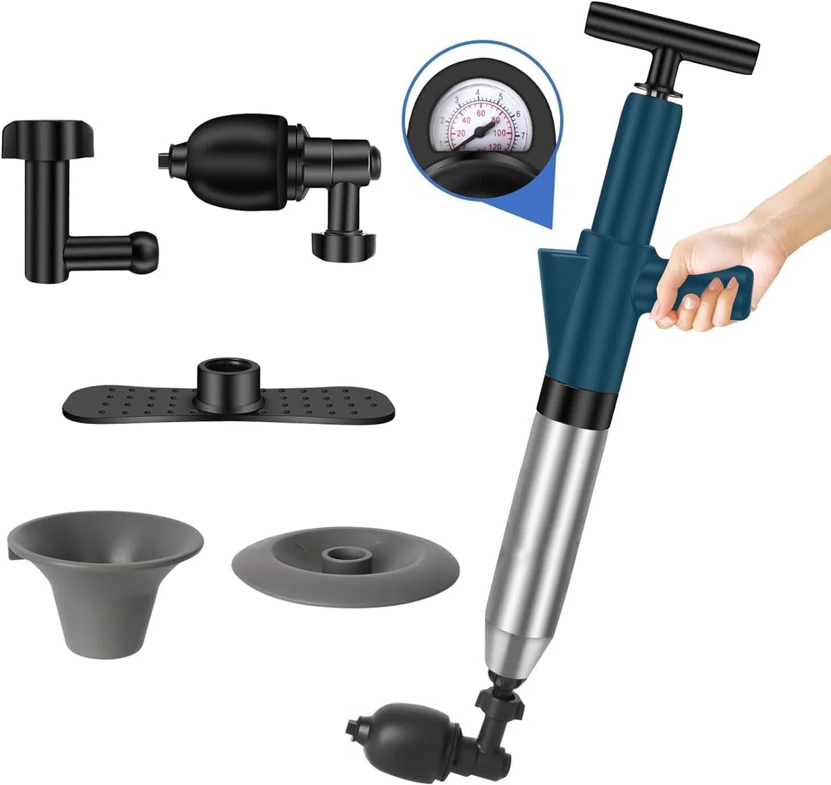 Pompa Stura WC Scarichi a Pressione, Stantuffo per WC ad Aria Compressa con Quattro Diverse Ventose Adatto, Stantuffo Pulitore per Tubi ad Aria Compressa ad Alta Pressione con Barometro per Lavandino