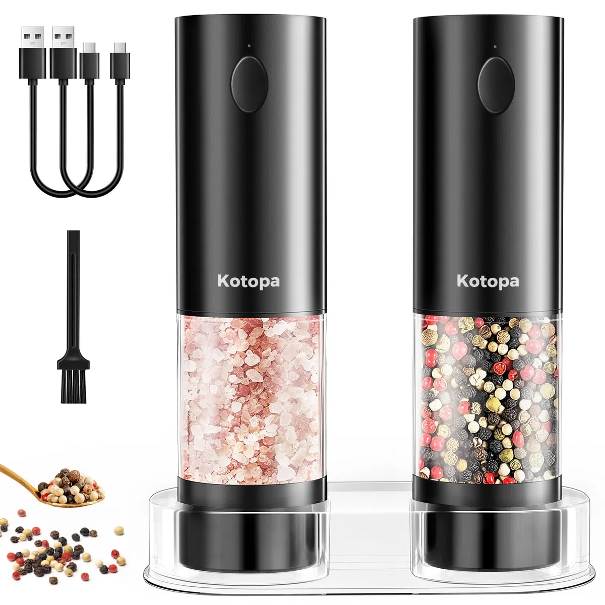 Kotopa Macina Sale e Pepe Elettrico Ricaricabile, Macinapepe Elettrico con Macinino in Ceramica a 5 Livelli Regolabile, Base, Luci LED, 100mL - Set da 2 (Nero)