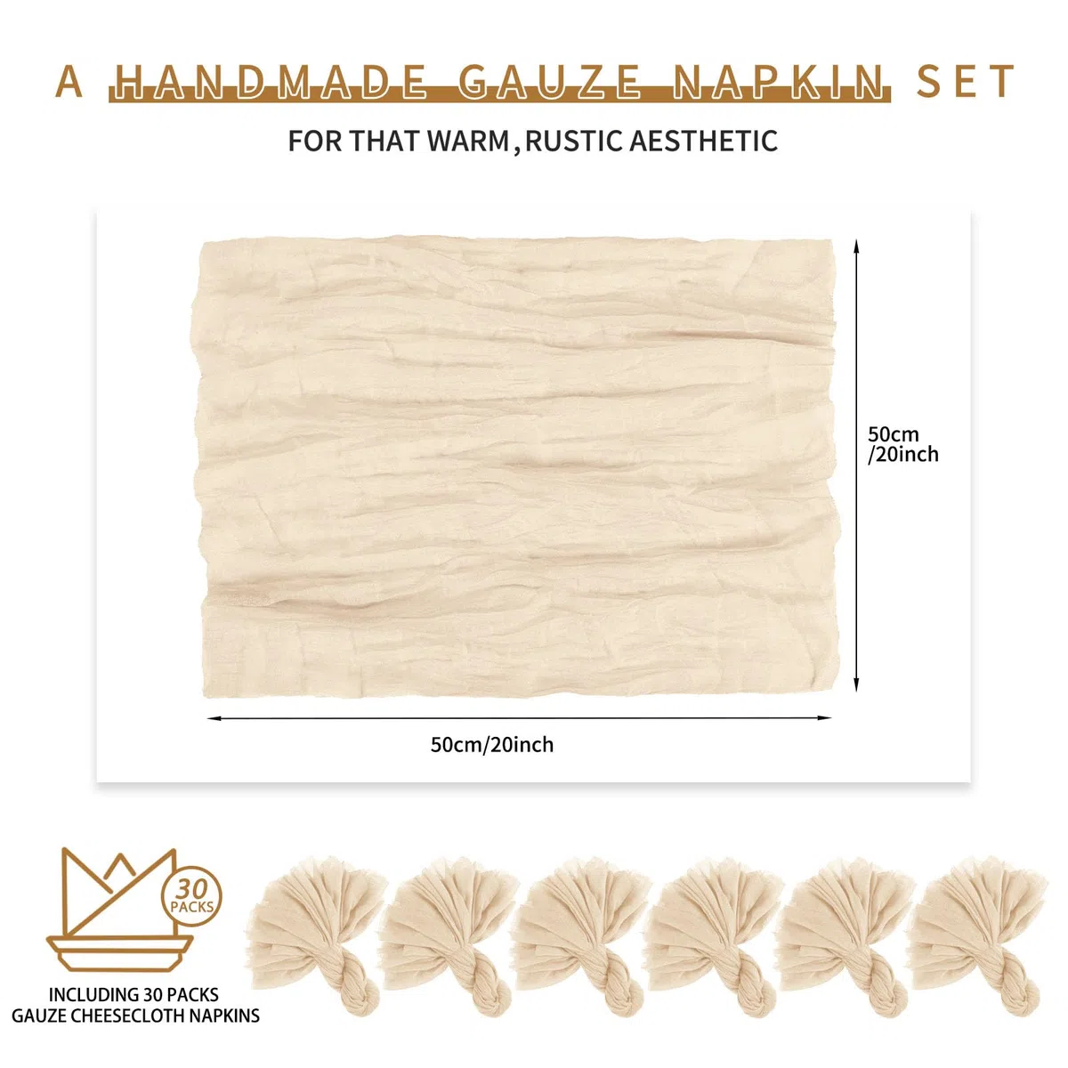 Teruntrue Confezione da 30 tovaglioli di stoffa beige con garza, lavabili, stile bohémien, per matrimoni, feste di compleanno, decorazioni per feste, 50 x 50 cm