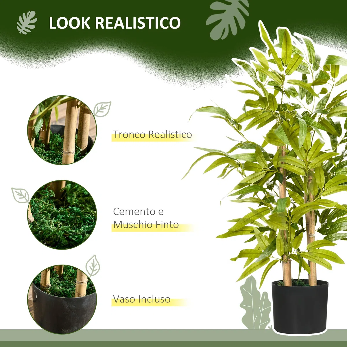 HOMCOM Pianta di Bambu Artificiale Alta 60 cm con Vaso in Cemento, Ø15x12.5 cm Pianta Finta in Poliestere e PP, Verde