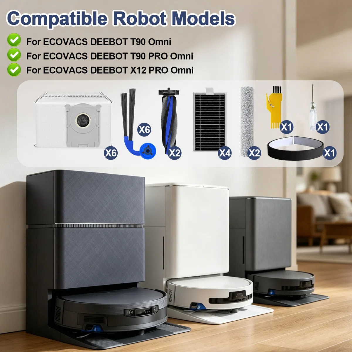 Ricambi per robot aspirapolvere ECOVACS DEEBOT T90/T90 PRO Omni/X12 PRO Omni 2 spazzole a rullo, 4 filtri, 6 spazzole laterali, 2 mop a rullo, 6 sacchetti, 1 striscia paracolpi