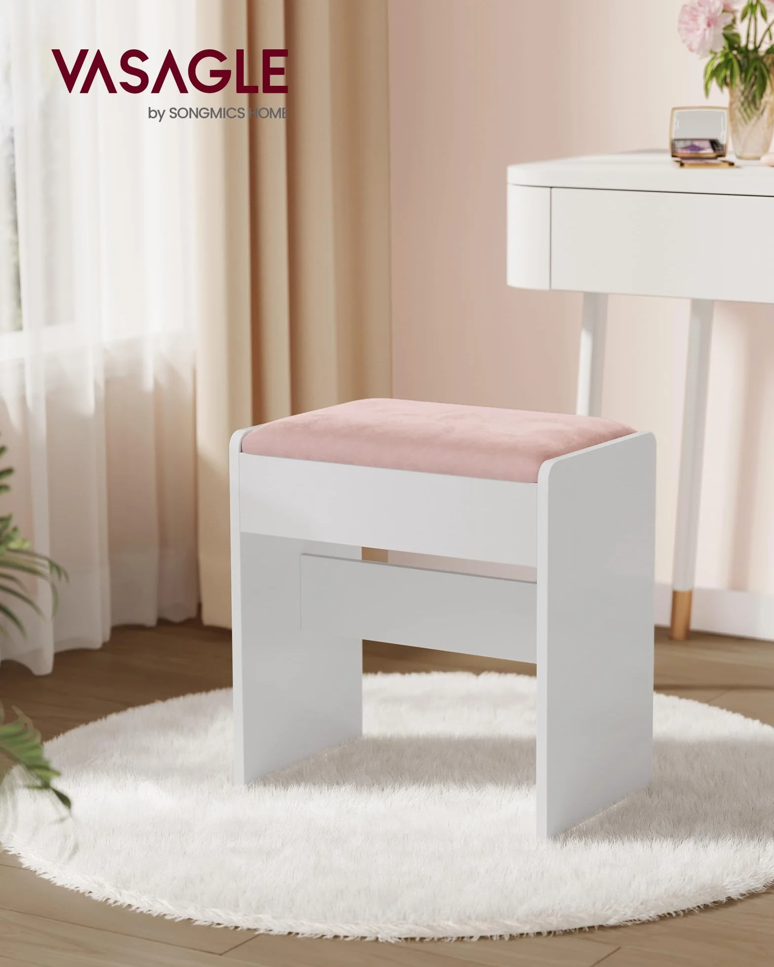VASAGLE KAILYN Collezione - Sgabello Toeletta Trucco, Sgabello Imbottito Trucco, Velluto, Piedini Antiscivolo, Camera da Letto Armadio Ingresso, Stile Moderno, Bianco Opaco e Rosa Pastello RDS001W01