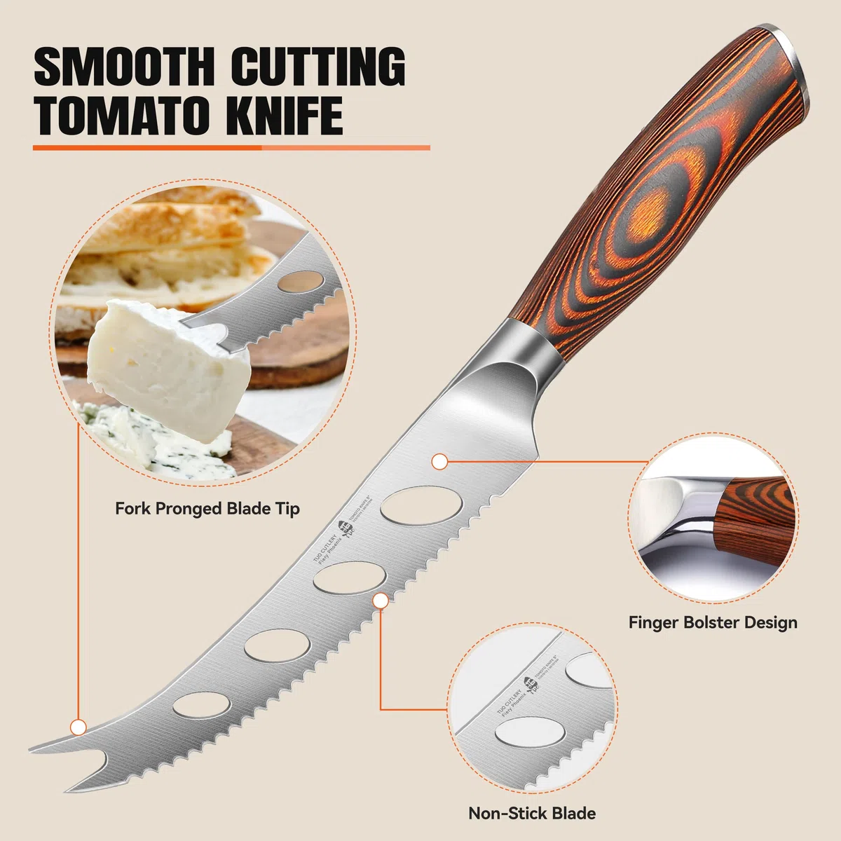 TUO Coltello da Formaggio Coltello da Pomodoro 12.5cm Coltello per Frutta Professionali Coltello da Cucina Acciaio Inossidabile Tedesco con Impugnatura Ergonomica-Fiery Phoenix Series