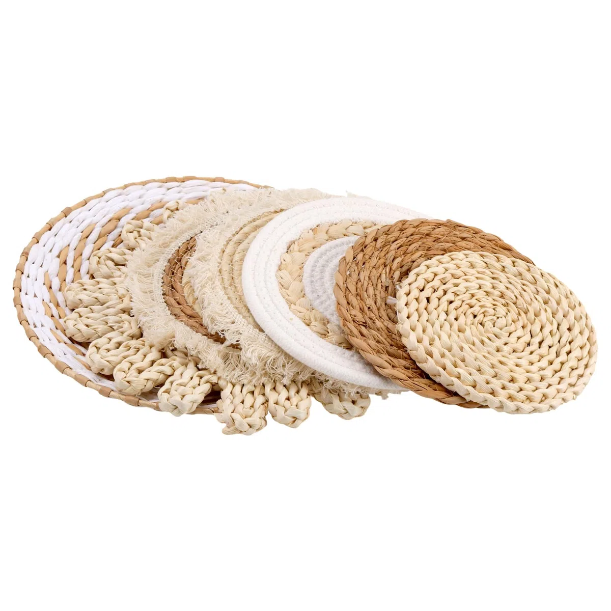 Set di 7 cesti da parete rotondi in paglia naturale, decorazione da parete per soggiorno, camera da letto