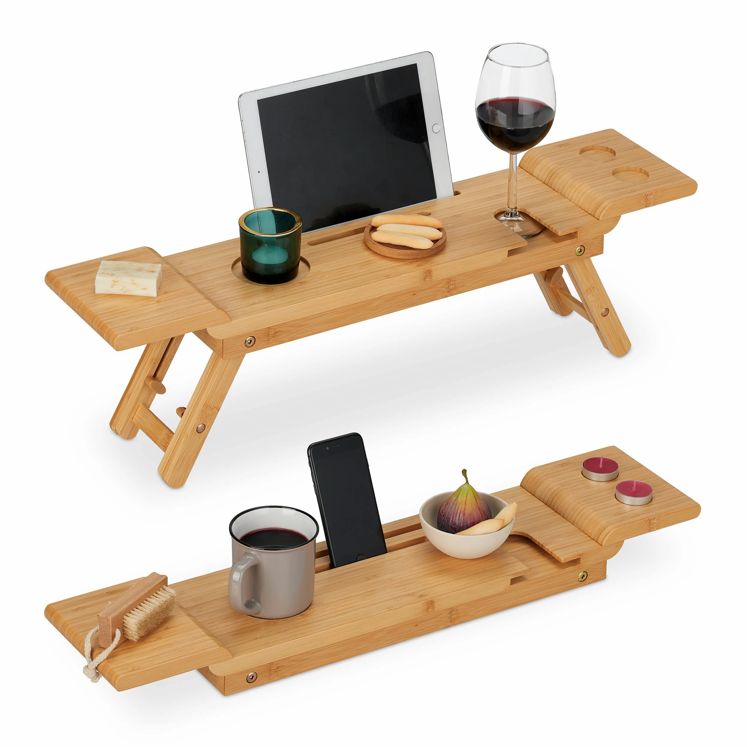 Relaxdays Vassoio per Vasca da Bagno, in bambù, Larghezza 70 cm, Mensola per Bicchieri, Cellulare e Tablet, Naturale