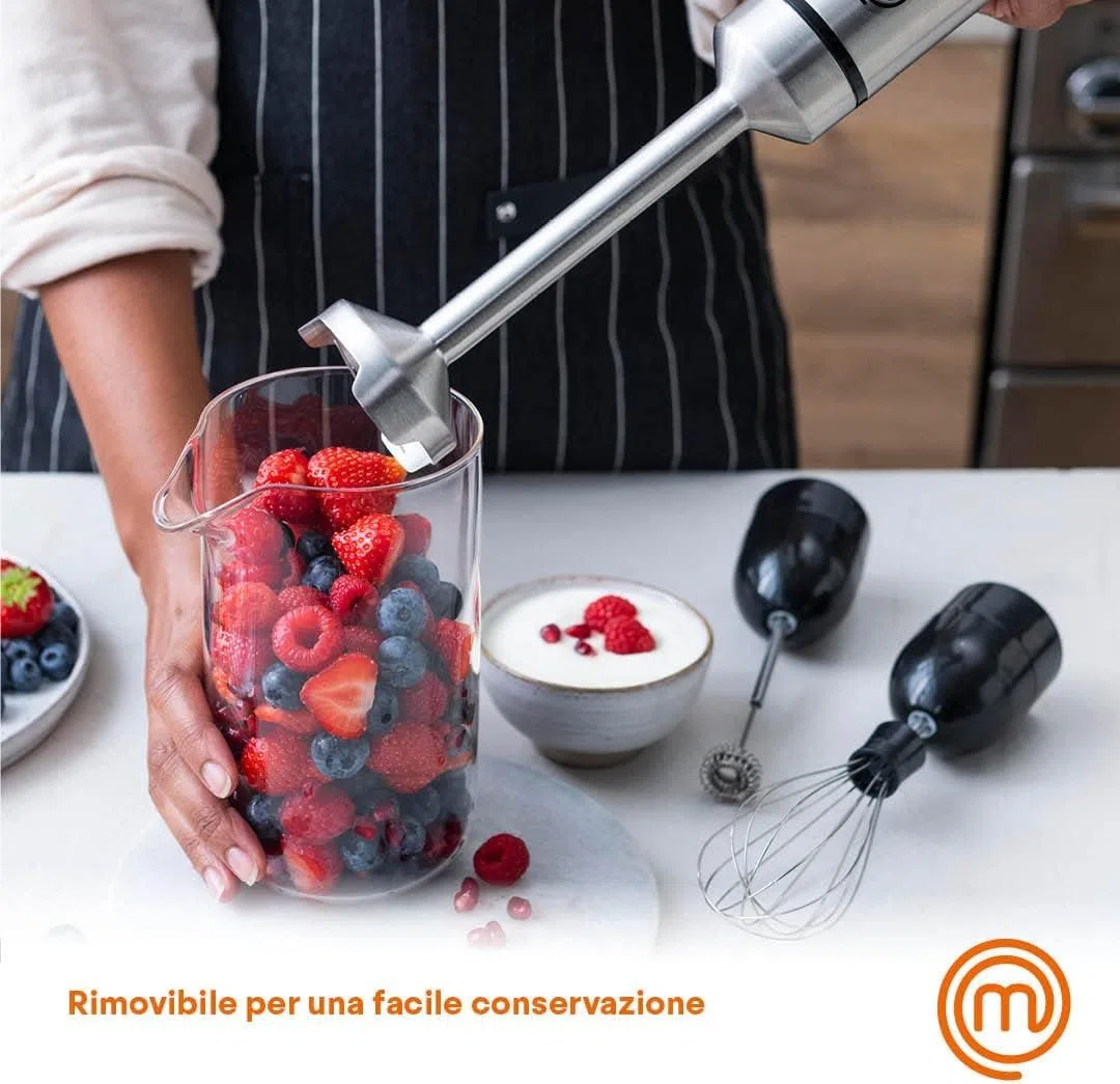 MasterChef Frullatore a Immersione, Minipimer 3 in 1 con Montalatte Elettrico e Frusta, per Zuppa, Cappuccino e altro, Frullino Multifunzione in Acciaio Inox, 400w