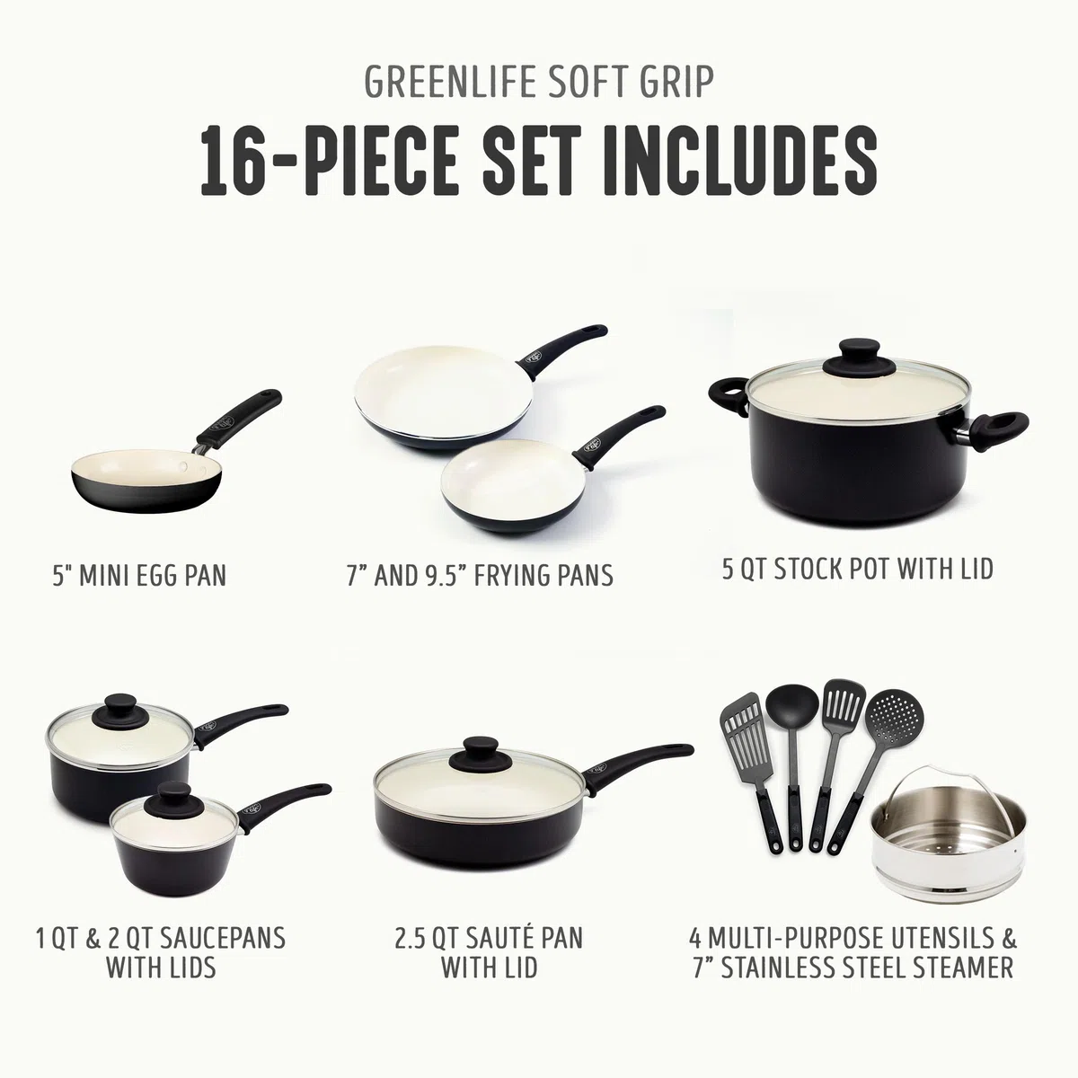 GreenLife Soft Grip Batteria di Pentole 16 Pezzi, Rivestimento Antiaderente senza PFAS, Padella 12/18/24 cm,Casseruola con Coperchi, Pentola 15/18 cm, Lavabile in Lavastoviglie, Nero e Crema