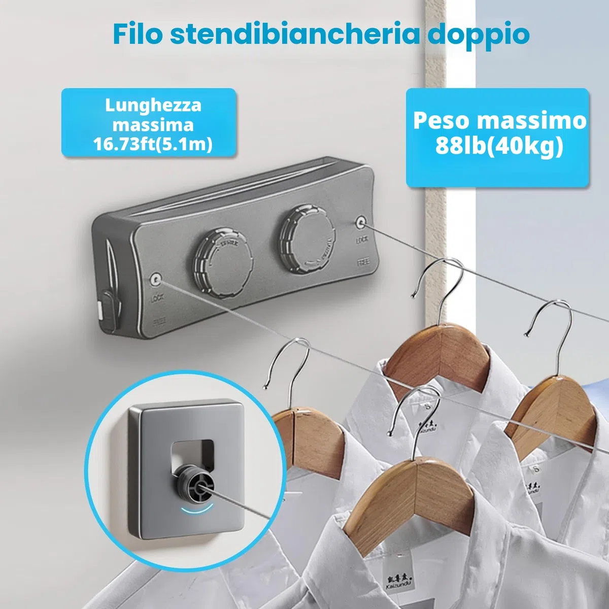 Stendibiancheria Retrattile, 2 x 5,1M Corda da Bucato Riavvolgibile Acciaio Inossidabile, Corda Stendibiancheria Estensibile, Corda per Biancheria Retrattile, per Interni/Esterni