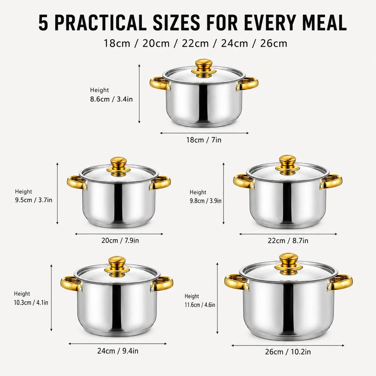 Set di pentole in acciaio inox, 10 pezzi, per piani cottura a induzione, con coperchio in vetro, 5 pentole da 18 a 26 cm, pentole a induzione per tutti i piani cottura, argento lucido