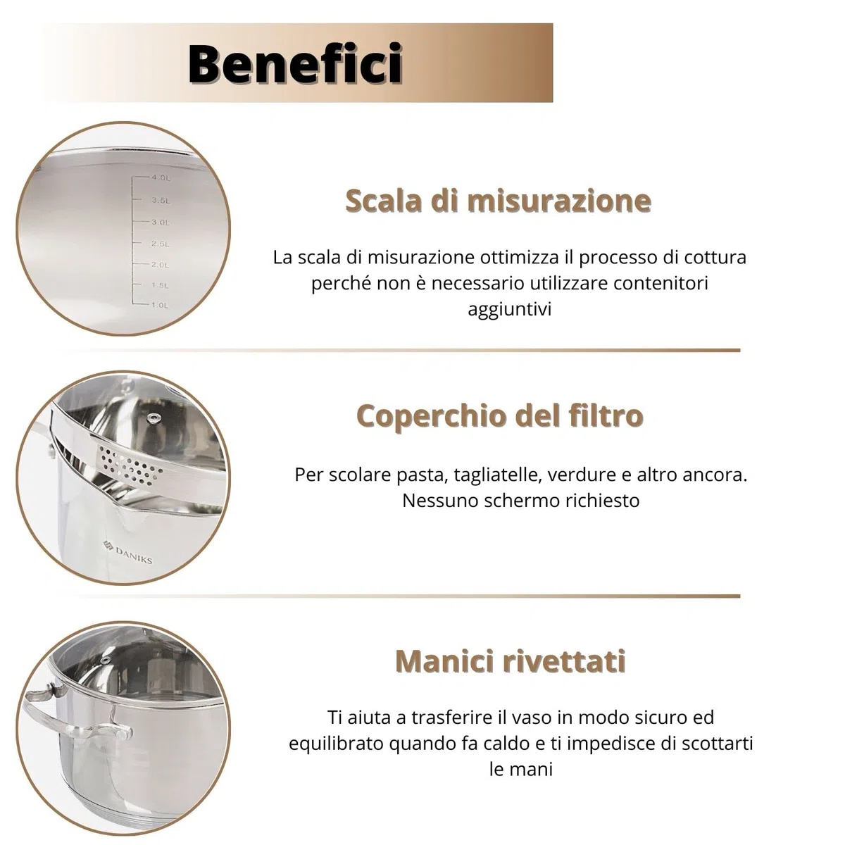 Daniks Tokio Pentola Acciaio Inox con Coperchio, 4.75 L Ø 22 cm, Pasta con Scolapasta Incorporato, per Induzione e Gas, Scala di Misura, Argento