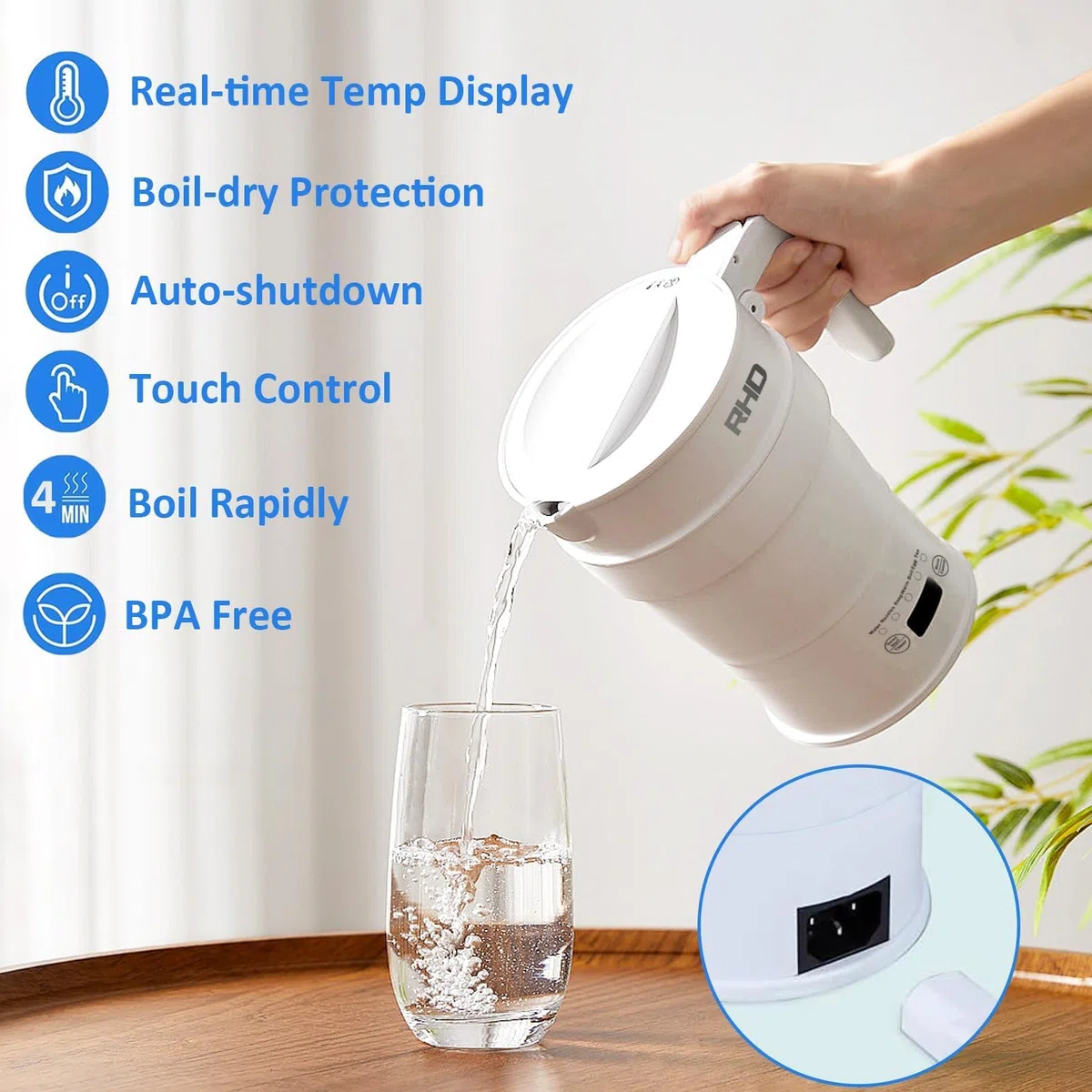 Bollitore da viaggio, bollitore elettrico piccolo con pannello multifunzionale, bollitore pieghevole con funzione di mantenimento in caldo e avvio ritardato, 0,7L, 1000W, Fondo in acciaio inox, bianco