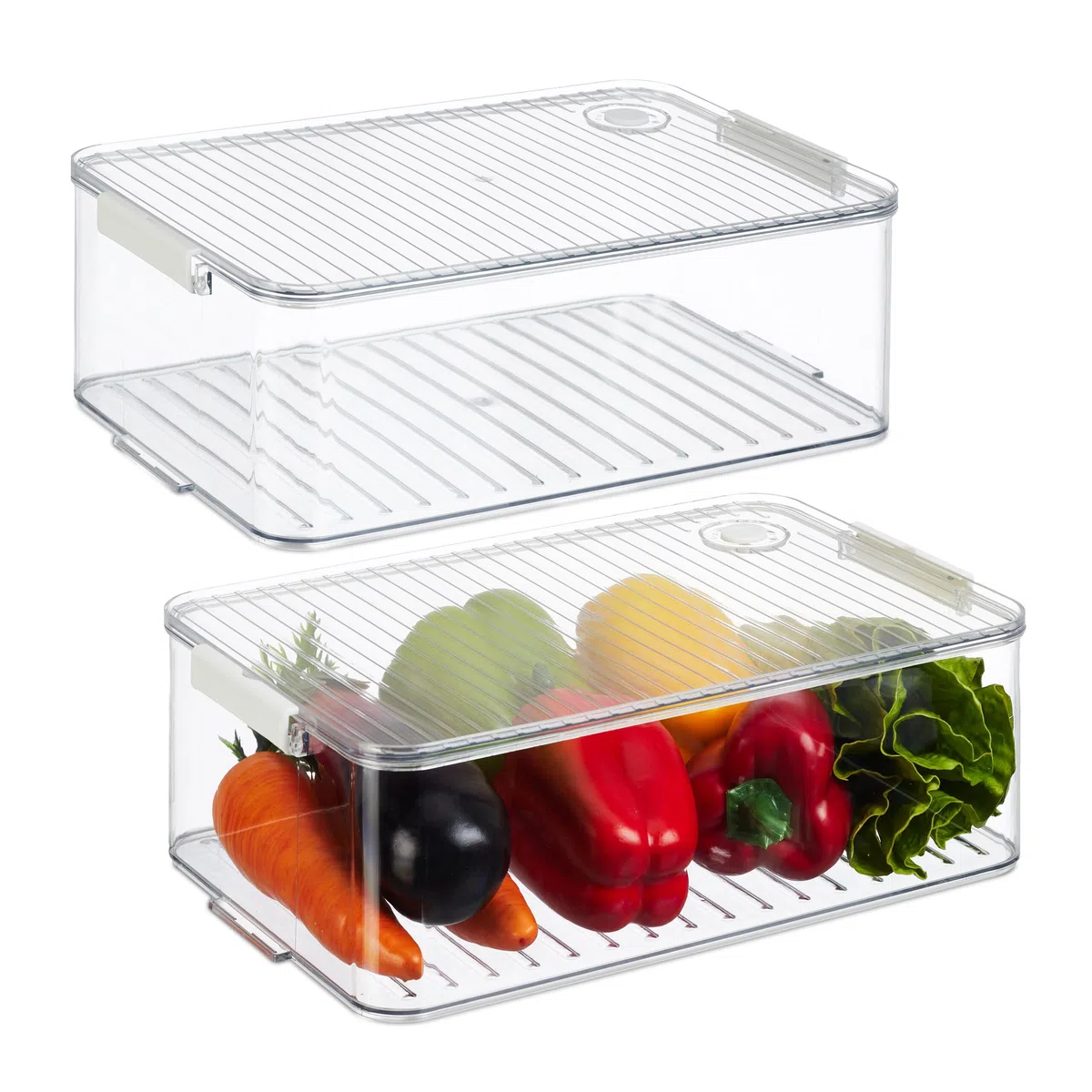 Relaxdays Contenitori per Frigo con Coperchio, Set da 2, Impilabile, Box per Frutta e Verdura, Salvaspazio, Trasparente