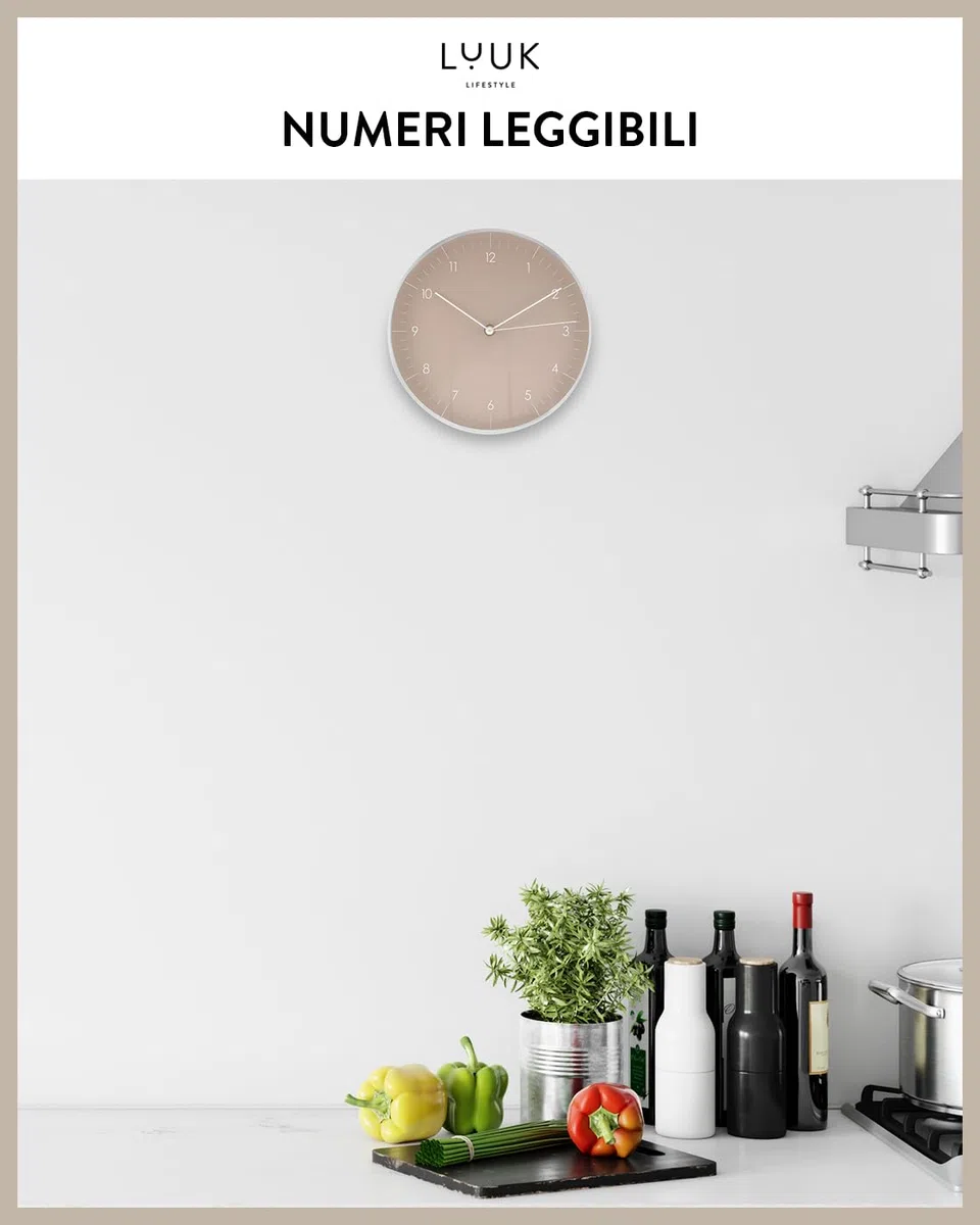 LUUK LIFESTYLE Orologio da Parete Piccolo Moderni (24 cm), Silenzioso senza ticchettio, Regalo per la casa, Ideale per Cucina, Salotto, Soggiorno, Ufficio, con Lancetta dei secondi, Beige e Argento