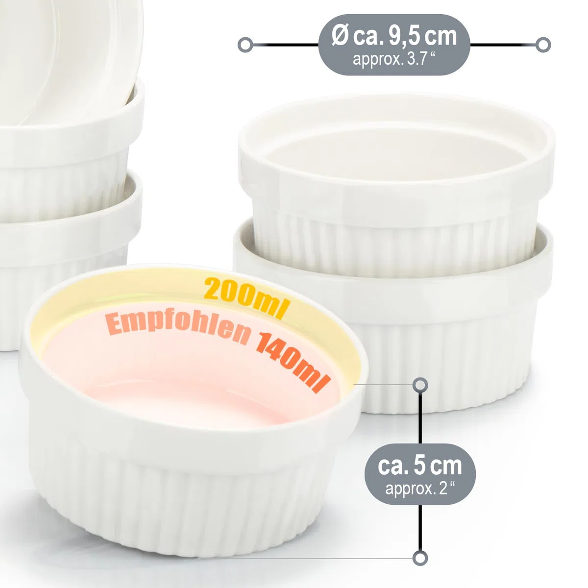 com-four® 12x Stampi per Soufflé - Ciotole in Ceramica per Creme Brulè - Stampi a Prova di Forno per Dolci e Pasticceria, Ragù - 200 ml - Bianco
