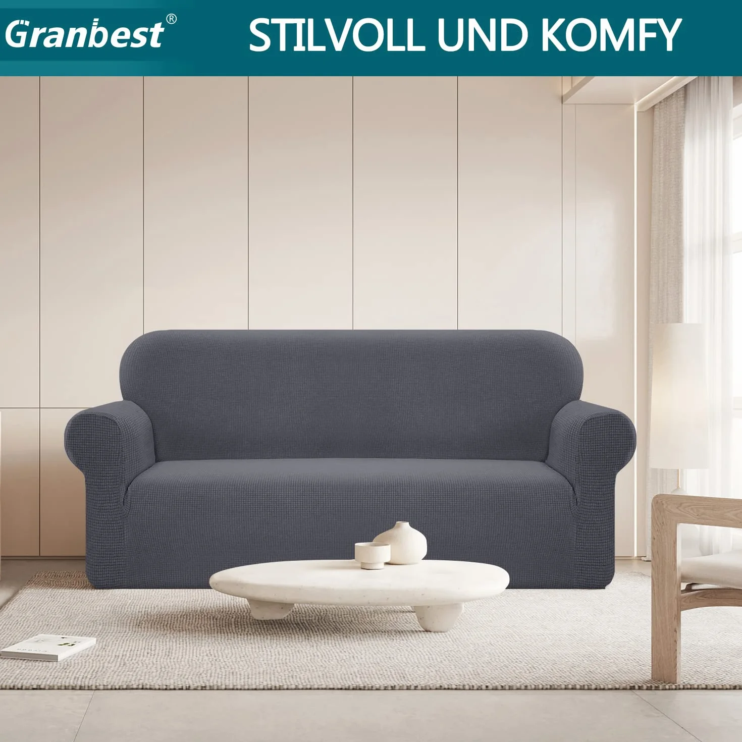 Granbest Copridivano elasticizzato, idrorepellente, 1 pezzo, in spandex, jacquard, con gommapiuma antiscivolo (3 posti, grigio)