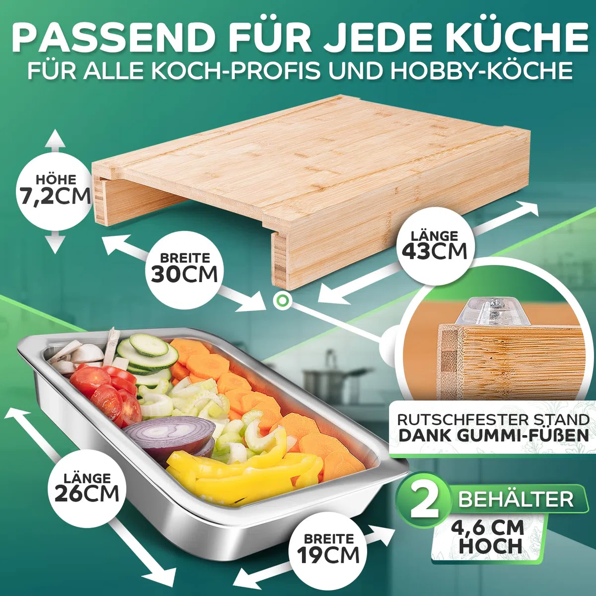 Loco Bird Premium Chopping Board con vassoi di raccolta - Gadget ideale per la cucina - Set - Tavola da cucina in bambù con 2 vassoi in acciaio inossidabile - Aiuto in cucina per cucinare