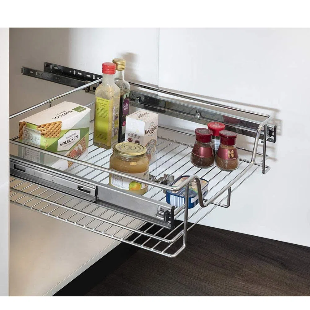 BAKAJI Cassetto Telescopico Mobili Cucina Cestello Mensola Estraibile Mobile Salvaspazio con Binario in Acciaio Inox (60 cm)