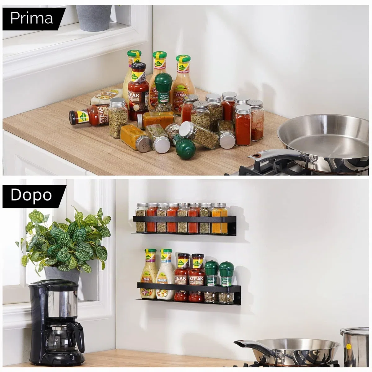KES Porta Spezie Nero Portaspezie Cucina Mensola Organizzatore 40CM Appendere Alluminio Supporto da Parete 2 Pezzi, KSR401S40-BK-P2