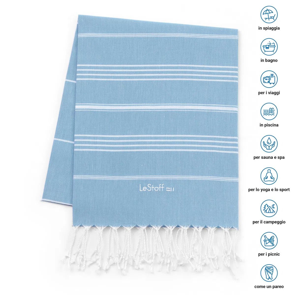 LeStoff Telo mare (Set di 2) - 100% Cotone bio, 95 x 180 cm, Prelavato, Assorbente, Asciugatura Rapida, Leggero, Fouta, Telo Spiaggia, Telo Bagno, Asciugamano Sportivo (Azzurro - Celeste)