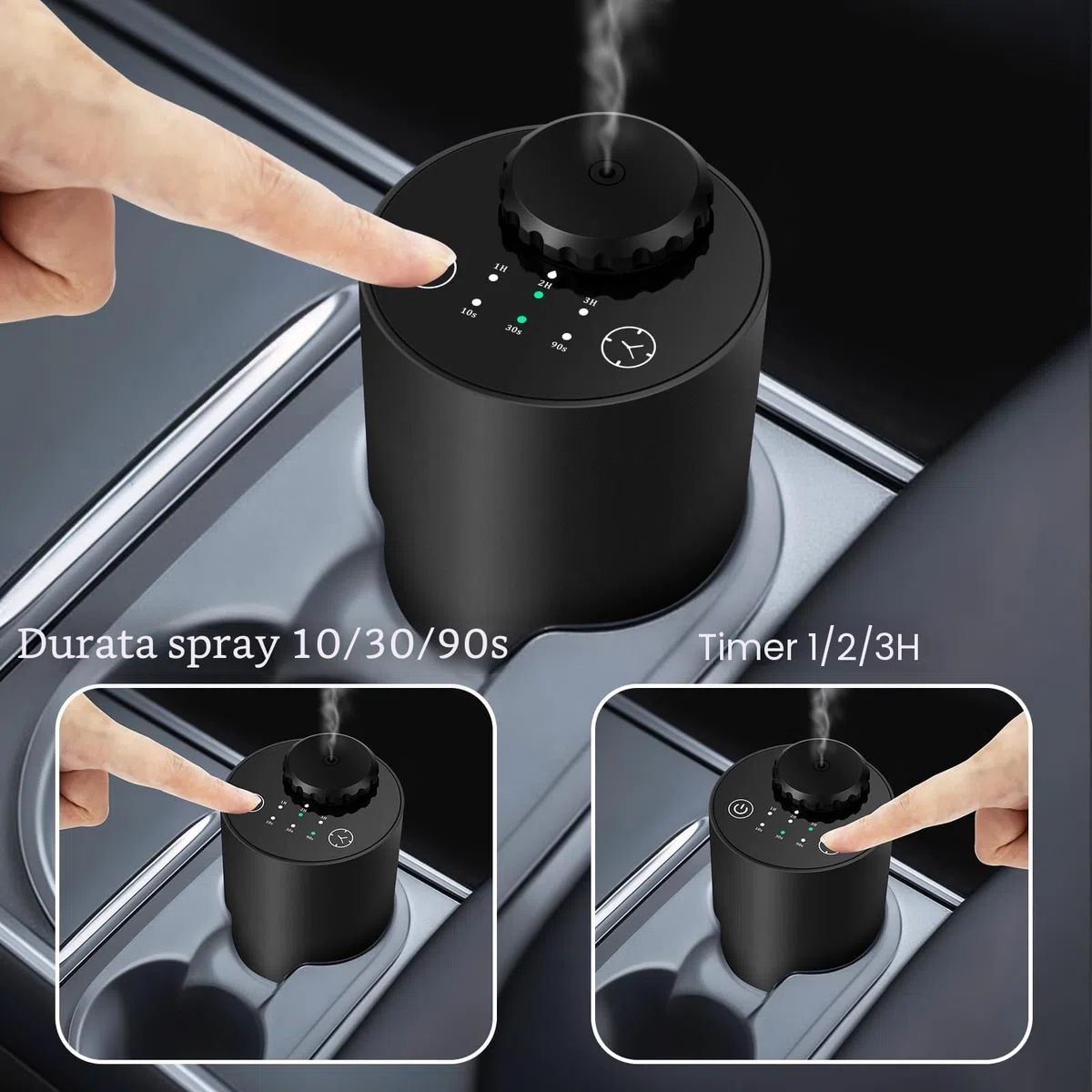 Diffusore senza acqua per oli essenziali,Alimentato a batteria， tecnologia ad ultrasuoni, diffusore per auto, lega di alluminio nero