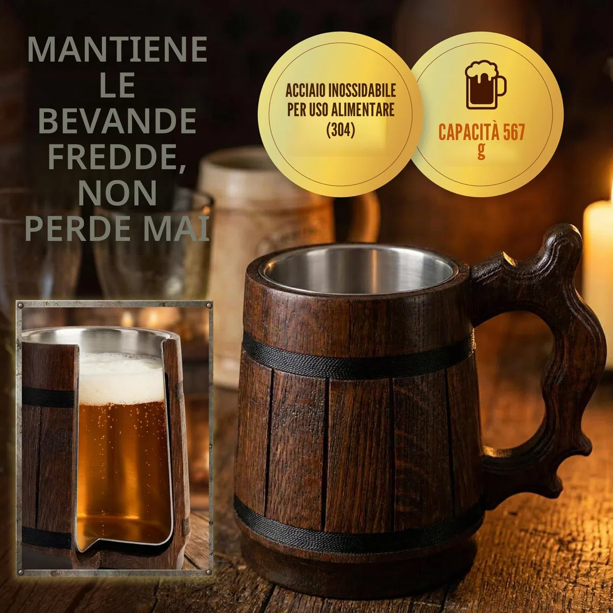Boccale di birra fatto a mano in legno di rovere con acciaio inossidabile Ecologico naturale 0,6 litri (20 once) marrone retrò
