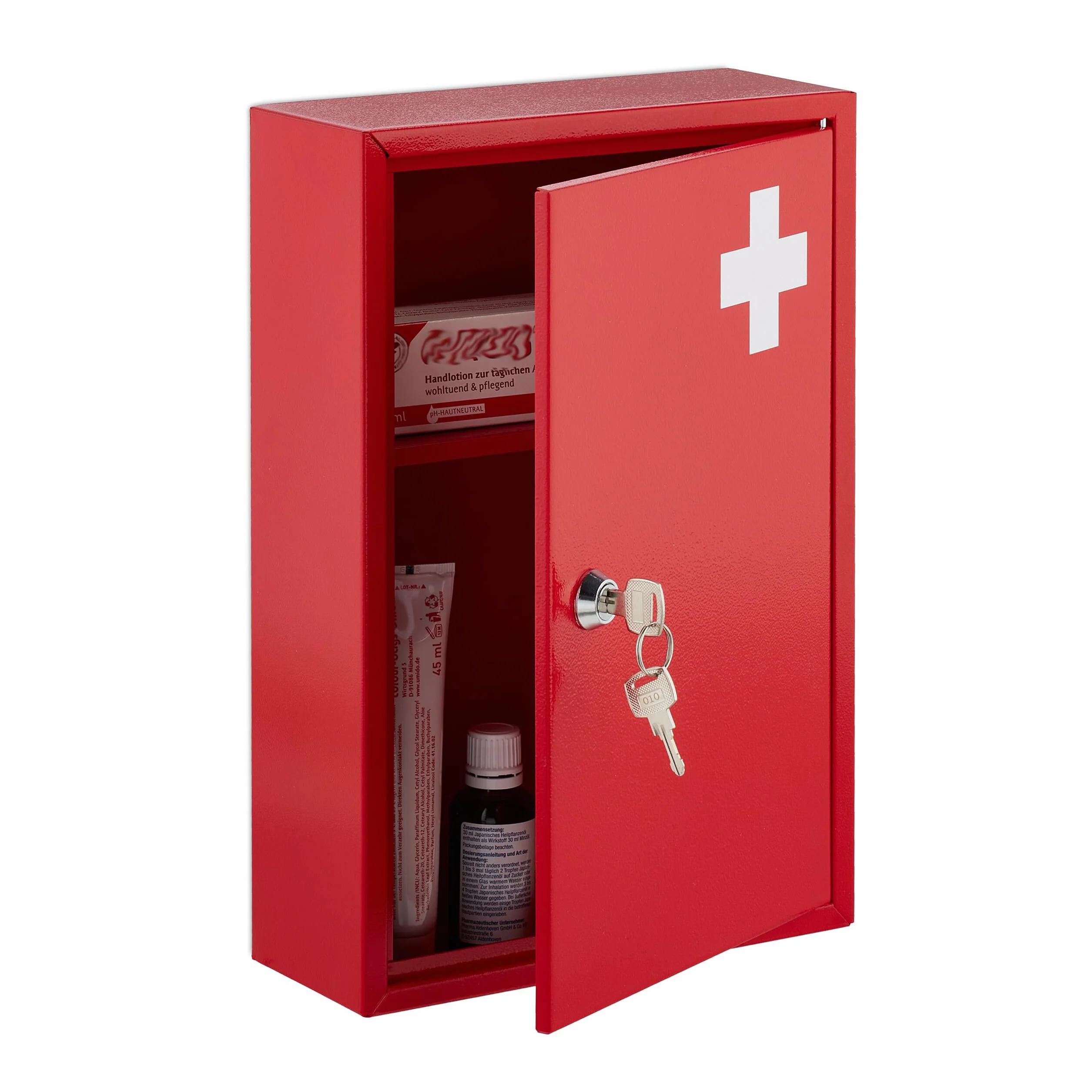 Relaxdays Armadietto Pronto Soccorso per Medicinali, Cassetta con Chiusura di Sicurezza, 32x21,5x9,5 cm, Rosso Bianco