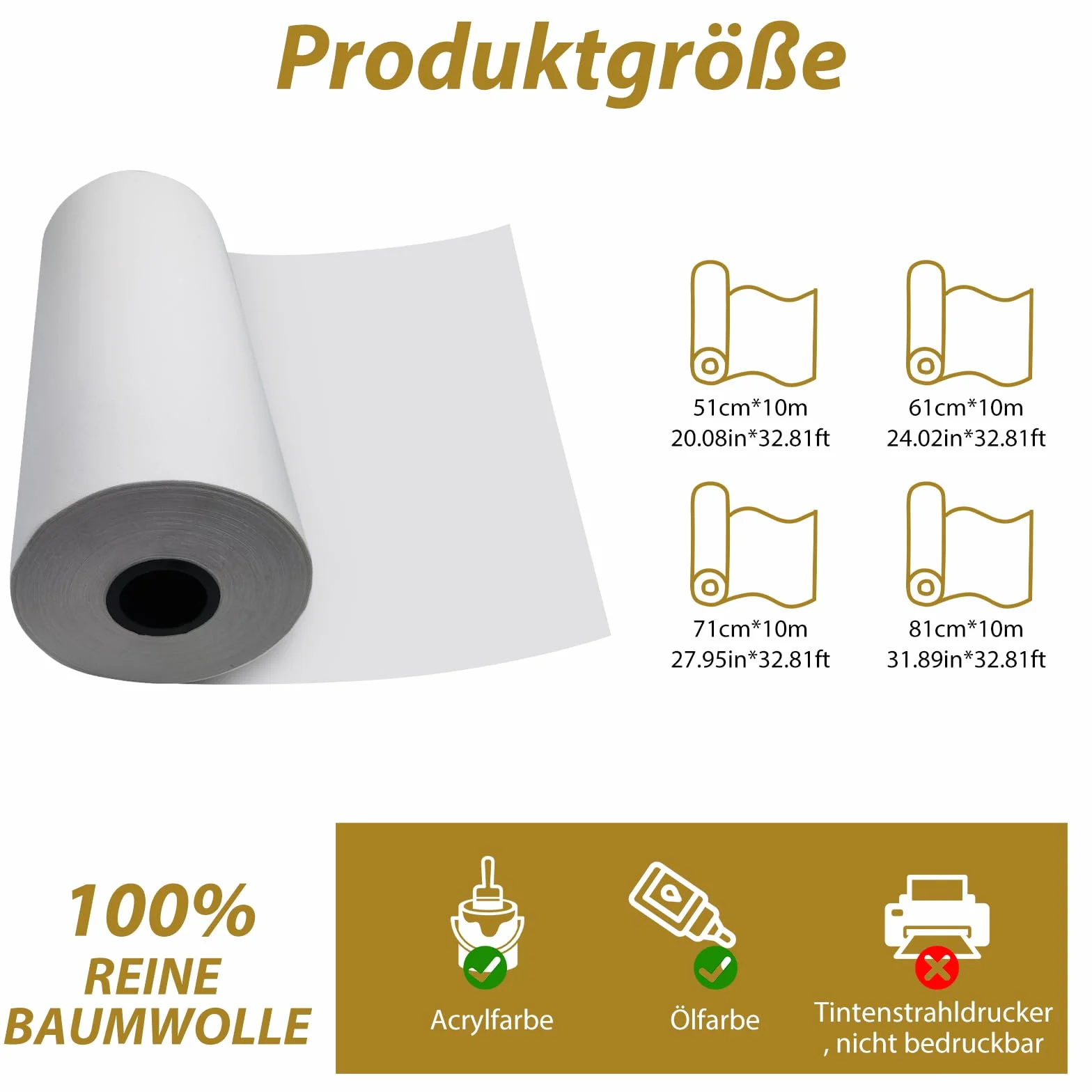 Tela su rotolo, 50 cm x 10 m, 270 g/㎡, resistente agli strappi, 100% cotone, pronta da dipingere, per pittura a olio (50 cm x 10 m)