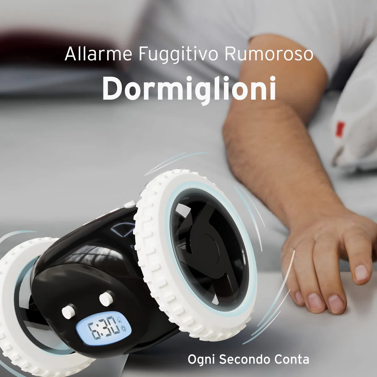 CLOCKY Sveglia Rumorosa per chi ha il Sonno Pesante Dormiglioni Pesante Sordi Ruote Sveglia Digitale da Comodino per Dormienti Rumorissima Adulti Bambini che Scappa Cammina Regali Divertenti (Nero)