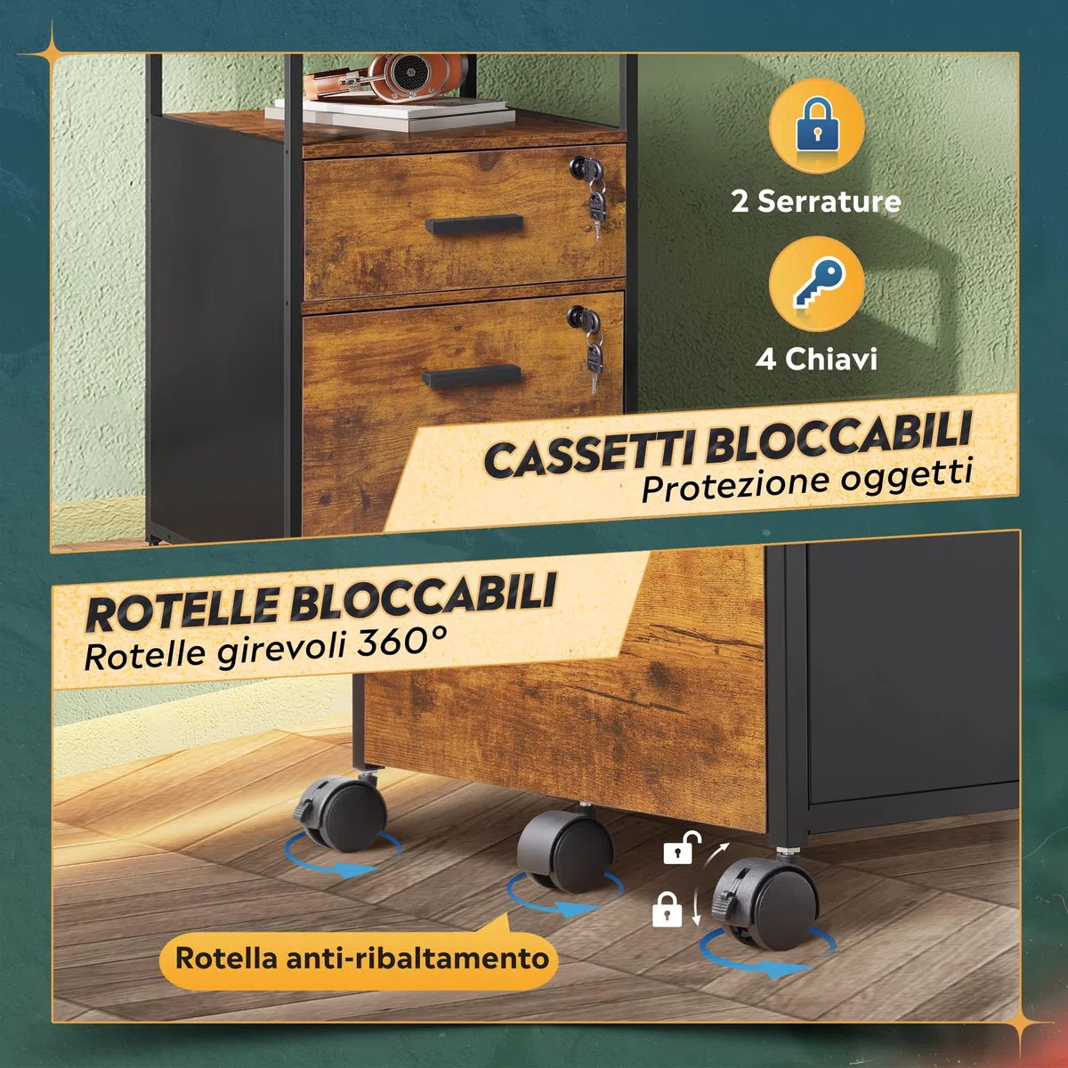 DEVAISE Cassettiera Mobile 2 Cassetti Marrone Retrò, Portastampante con Scaffale Aperto e per Documenti A4/Letter, Ufficio in Stile Classico