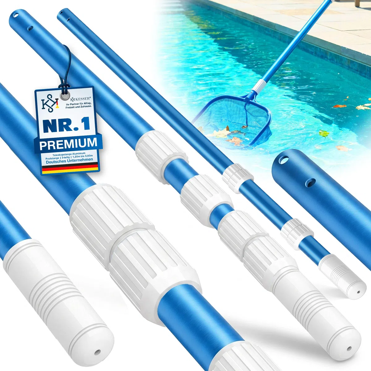 KESSER® Asta telescopica per Piscina Asta per Piscina in Alluminio | Asta per la Pulizia della Piscina, in 3 Pezzi | Regolabile da 1,20 m a 3,60 m | Resistente alle intemperie e Robusta