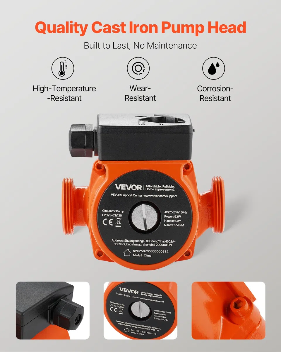 VEVOR Pompa di Circolazione in Ghisa LPS25-6S/130, 1/8 HP, 220-240 V, 55 LPM, Pompa di Circolazione per Acqua Calda, Attacco Filettato, Regolazione a 3 Velocità, per Impianto di Riscaldamento